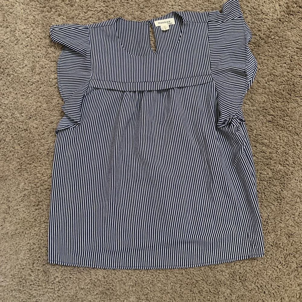 Monteau Ruffle Sleeve Stripe Blouse Navy White Large